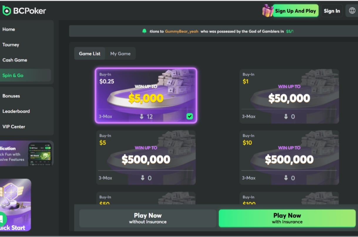 BCPoker SNG lobby 2026