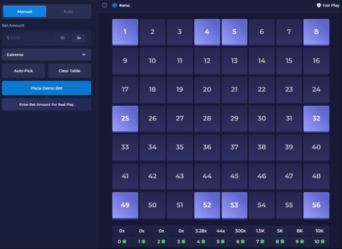 Rainbet Keno Extreme Screenshot