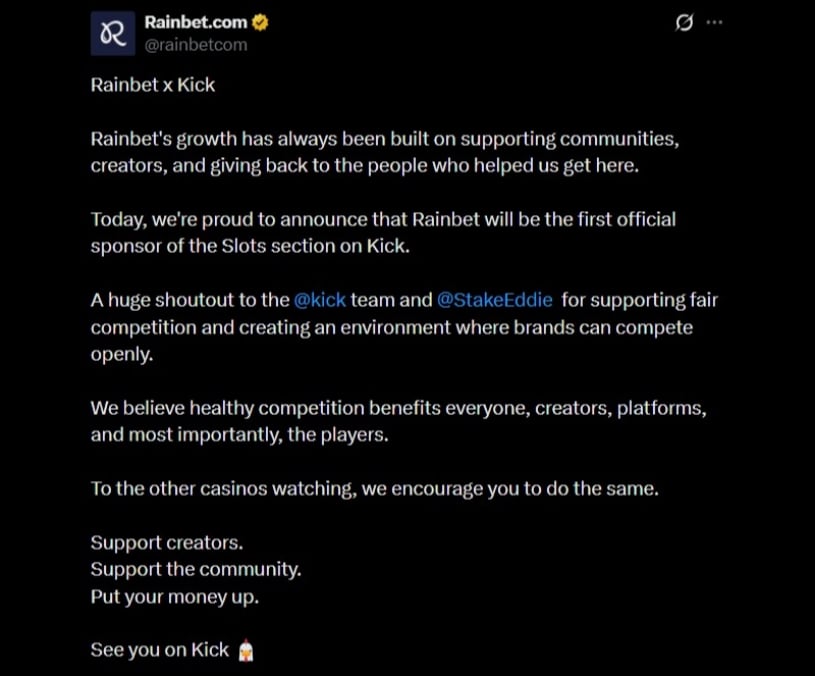 Twitter Rainbet Sponsors Kick Slots
