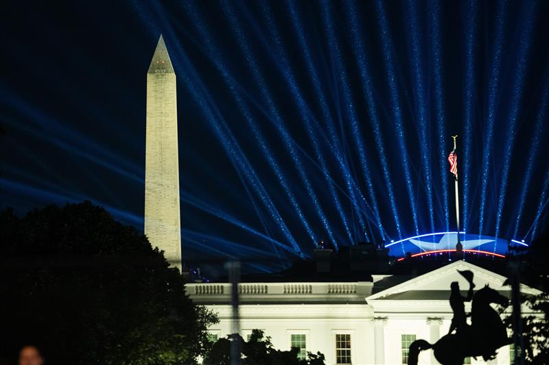 Lights shine from the UFC Octagon during a test in preparation for UFC Freedom 250 at the White House. (Getty Images)