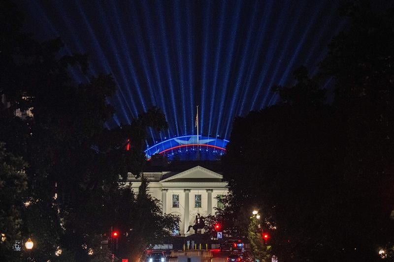 Lights shine from the UFC Octagon during a test in preparation for UFC Freedom 250 at the White House. (Getty Images)