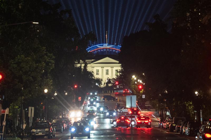 Lights shine from the UFC Octagon during a test in preparation for UFC Freedom 250 at the White House. (Getty Images)