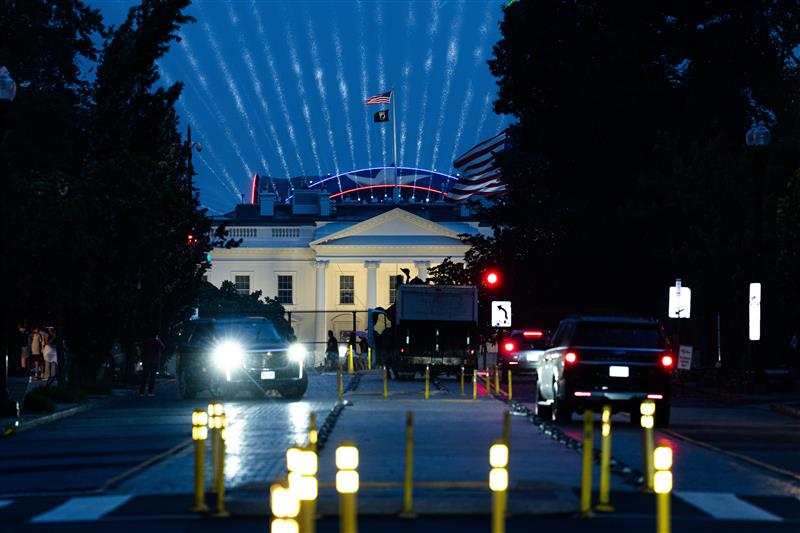 Lights shine from the UFC Octagon during a test in preparation for UFC Freedom 250 at the White House. (Getty Images)