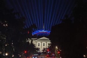 Lights shine from the UFC Octagon during a test in preparation for UFC Freedom 250 at the White House. (Getty Images)