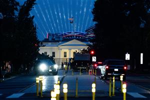 Lights shine from the UFC Octagon during a test in preparation for UFC Freedom 250 at the White House. (Getty Images)