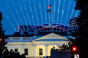 Lights shine from the UFC Octagon during a test in preparation for UFC Freedom 250 at the White House. (Getty Images)