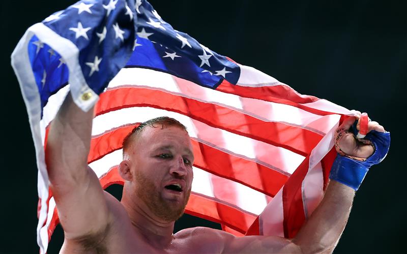 Justin Gaethje of the United States celebrates after defeating Ilia Topuria of Georgia in the UFC Lightweight Championship bout during UFC Freedom 250 at the White House on June 14, 2026 in Washington, DC. (Photo by Chris Graythen/Getty Images)