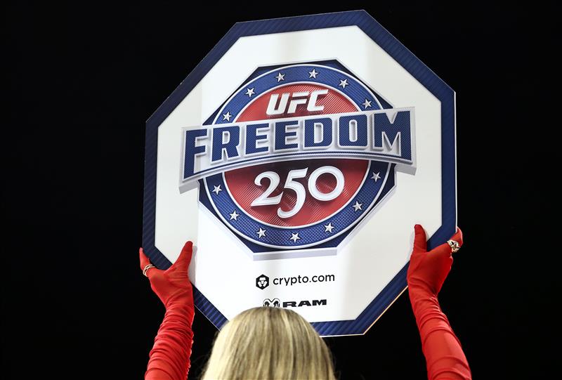 A detailed view of a UFC Freedom 250 sign is seen during UFC Freedom 250 at the White House on June 14, 2026 in Washington, DC. (Photo by Chris Graythen/Getty Images)