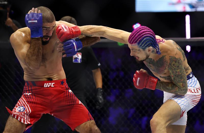Sean O'Malley of the Untied States lands a punch on Aiemann Zahabi of Canada in their bantamweight bout during UFC Freedom 250 at the White House on June 14, 2026 in Washington, DC. (Photo by Chris Graythen/Getty Images)