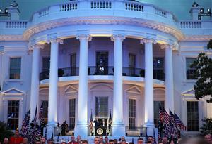 US President Donald Trump and UFC President and CEO Dana White look on during the national anthem during UFC Freedom 250 at the White House on June 14, 2026 in Washington, DC. (Photo by Chris Graythen/Getty Images)