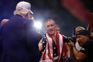 Justin Gaethje of the United States shakes the hand of US President Donald Trump after defeating Ilia Topuria of Georgia in the UFC Lightweight Championship bout during UFC Freedom 250 at the White House on June 14, 2026 in Washington, DC. (Photo by Chris Graythen/Getty Images)
