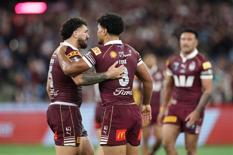 Jojo Fifita and Robert Toia of the Queensland Maroons embrace at full-time following Game 2 of the 2026 State of Origin series between the New South Wales Blues and Queensland Maroons at the Melbourne Cricket Ground on June 17, 2026 in Melbourne, Australia.