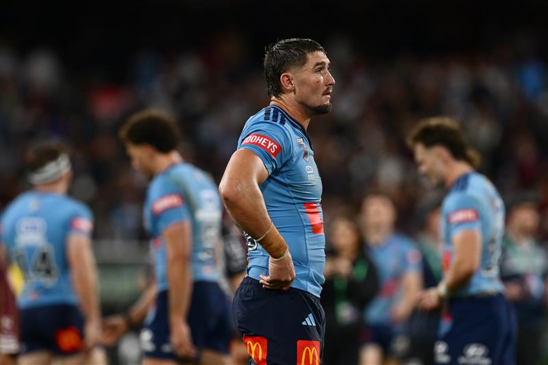 Dylan Lucas of the New South Wales Blues looks on after Game 2 of the 2026 State of Origin series between the New South Wales Blues and Queensland Maroons at the Melbourne Cricket Ground on June 17, 2026 in Melbourne, Australia. (Getty)