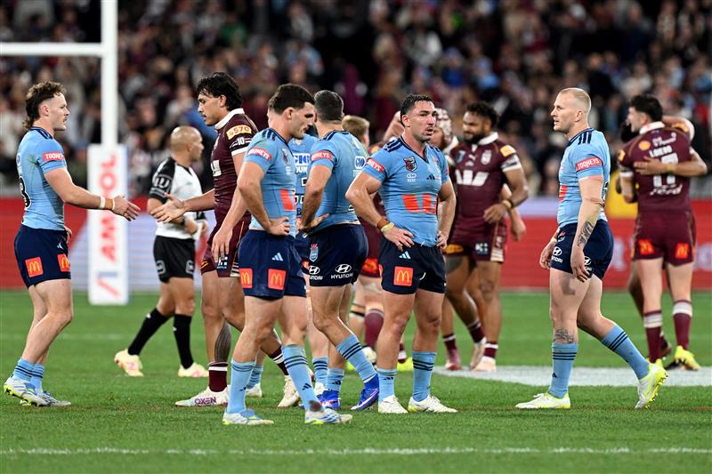 New South Wales Blues players after Game 2 of the 2026 State of Origin series at the Melbourne Cricket Ground on June 17, 2026 in Melbourne, Australia. (Getty)