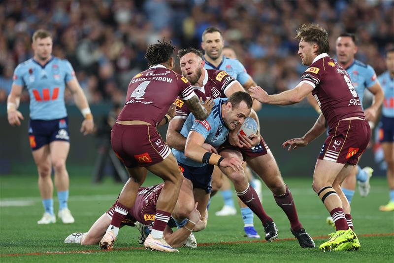 Action during Game 2 of the 2026 State of Origin series between New South Wales and Queensland. (Getty)