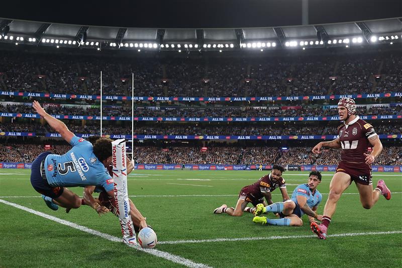Action during Game 2 of the 2026 State of Origin series between New South Wales and Queensland. (Getty)