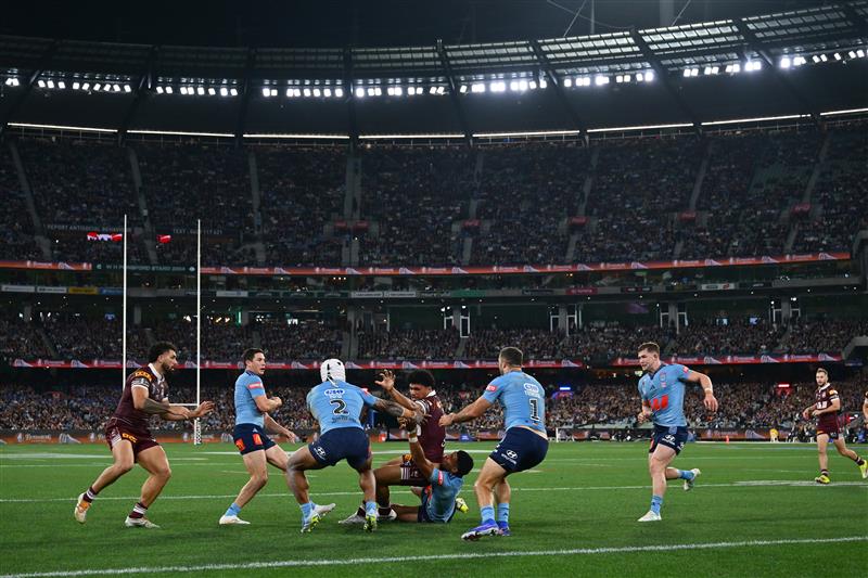 Action during Game 2 of the 2026 State of Origin series between New South Wales and Queensland. (Getty)