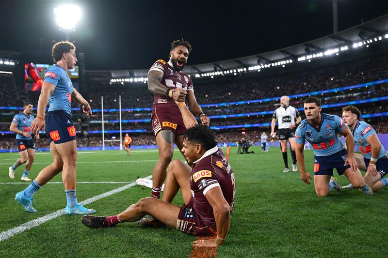 Action during Game 2 of the 2026 State of Origin series between New South Wales and Queensland. (Getty)