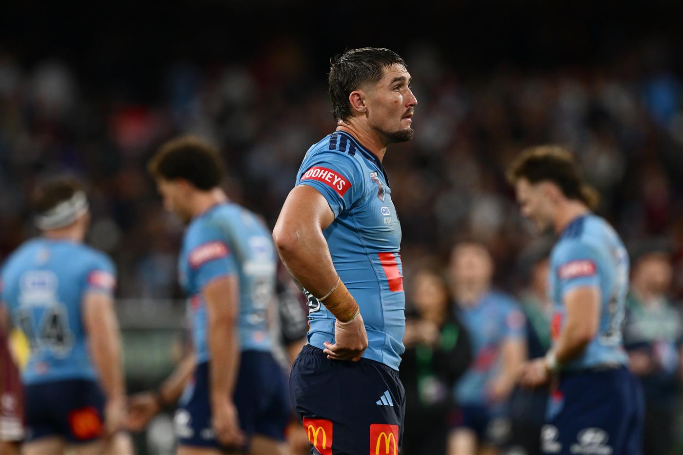 Dylan Lucas of the New South Wales Blues looks on after Game 2 of the 2026 State of Origin series between the New South Wales Blues and Queensland Maroons at the Melbourne Cricket Ground on June 17, 2026 in Melbourne, Australia. (Getty)