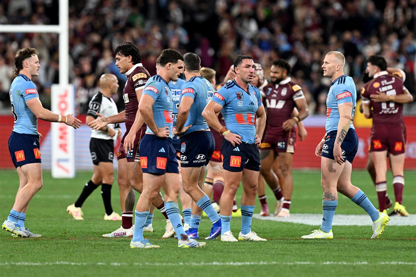 New South Wales Blues players after Game 2 of the 2026 State of Origin series at the Melbourne Cricket Ground on June 17, 2026 in Melbourne, Australia. (Getty)