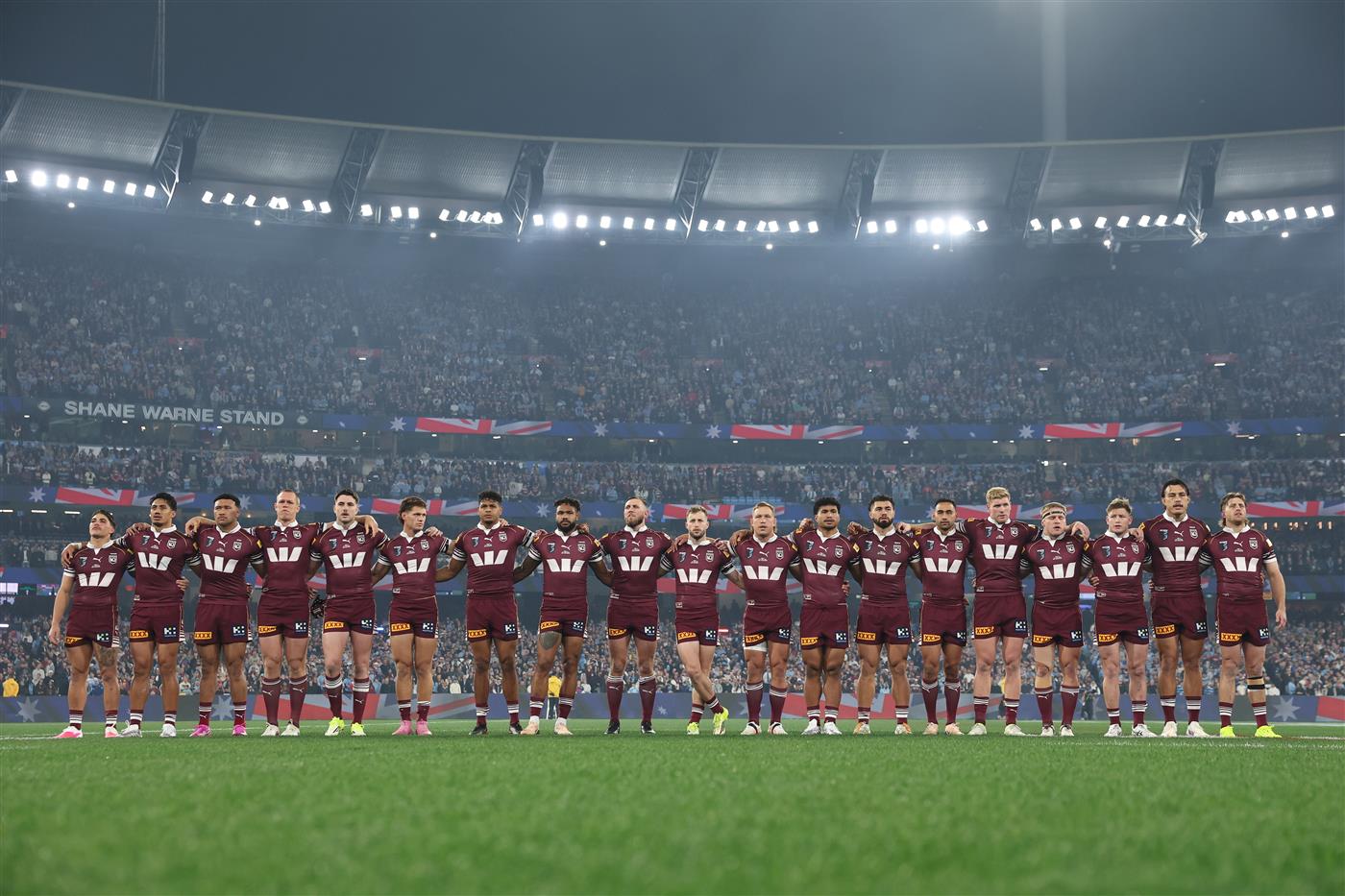 The Queensland Maroons line up for the national anthem ahead of Game 2 of the 2026 State of Origin series between the New South Wales Blues and Queensland Maroons at the Melbourne Cricket Ground on June 17, 2026 in Melbourne, Australia. (Getty)