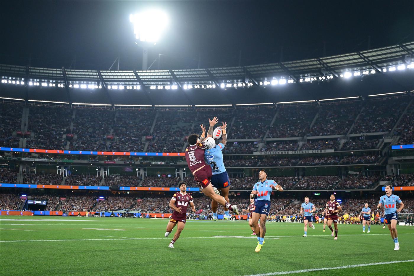 Action during Game 2 of the 2026 State of Origin series between New South Wales and Queensland. (Getty)