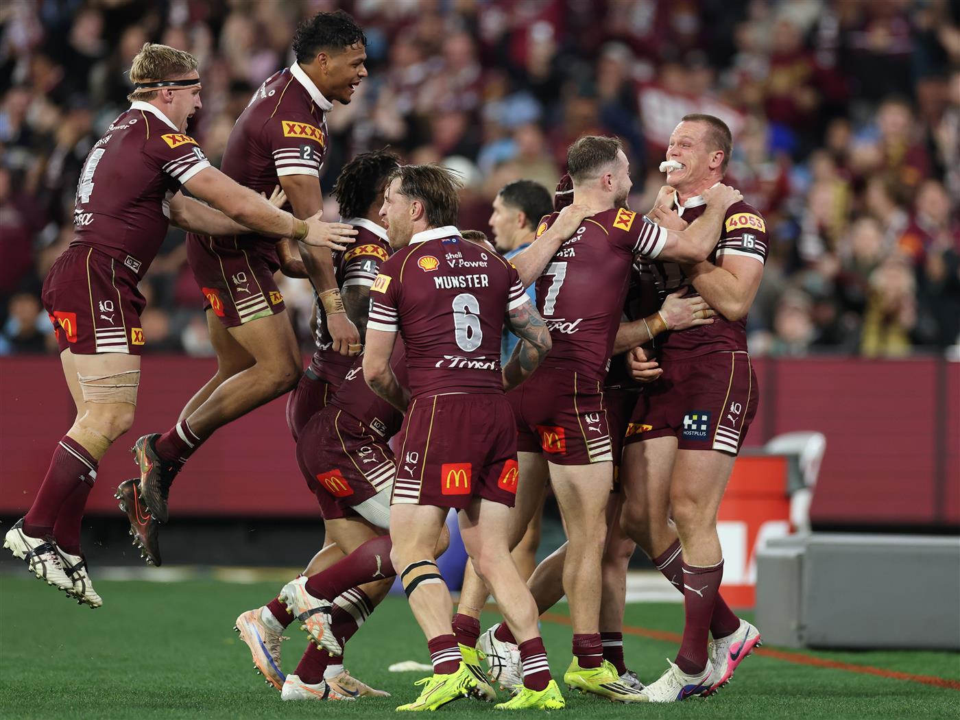 Lindsay Collins of the Queensland Maroons celebrates scoring a try with teammates during Game 2 of the 2026 State of Origin series between the New South Wales Blues and Queensland Maroons at the Melbourne Cricket Ground on June 17, 2026 in Melbourne, Australia. (Getty)