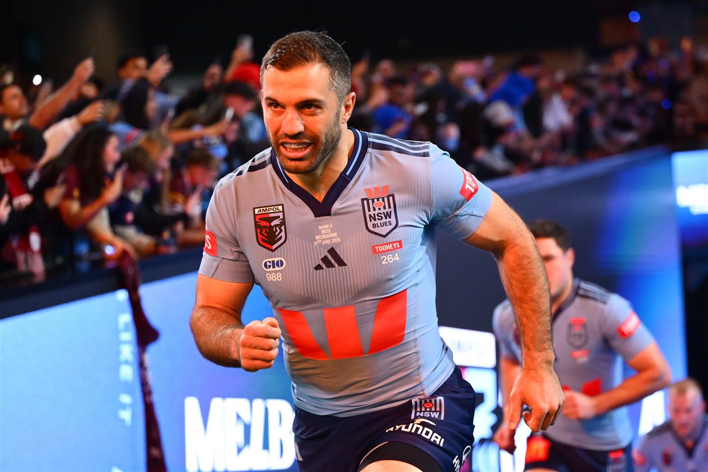 James Tedesco of the New South Wales Blues runs onto the field ahead of Game 2 of the 2026 State of Origin series between the New South Wales Blues and Queensland Maroons at the Melbourne Cricket Ground on June 17, 2026 in Melbourne, Australia. (Getty)