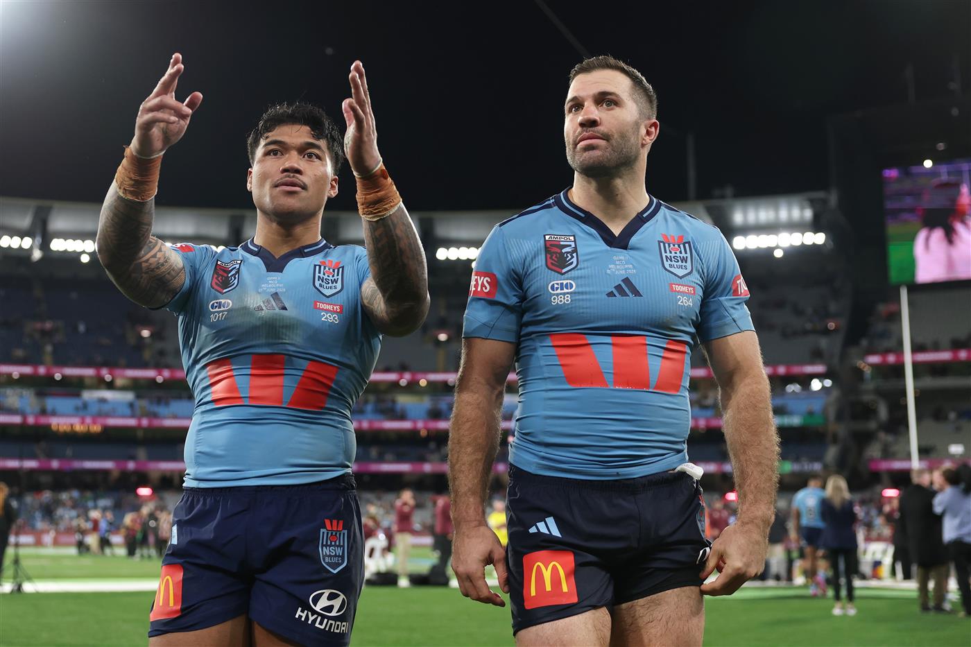 Brian To'o and James Tedesco of the New South Wales Blues after Game 2 of the 2026 State of Origin series at the Melbourne Cricket Ground on June 17, 2026 in Melbourne, Australia. (Getty)