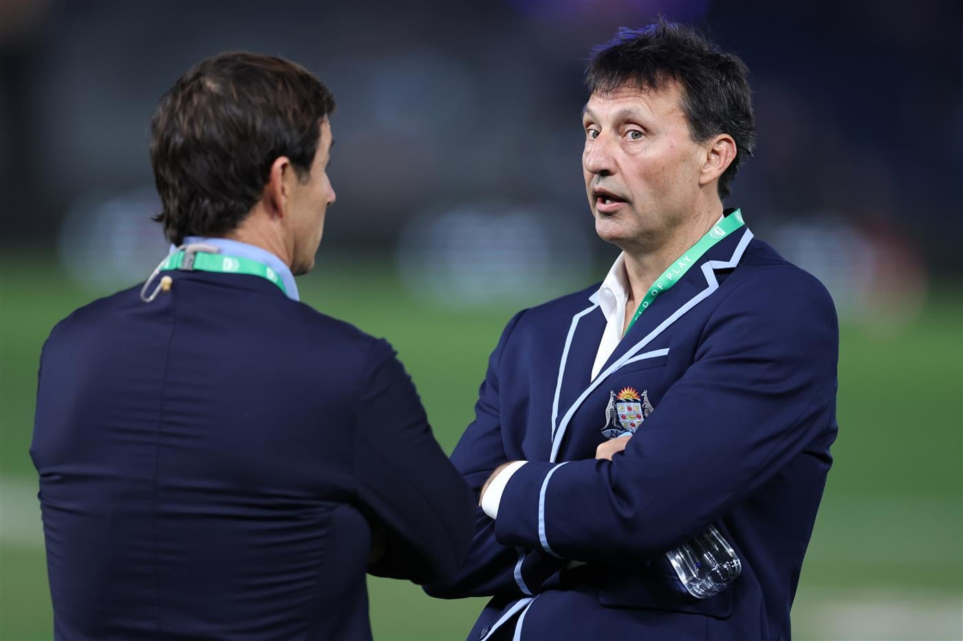 Laurie Daley, head coach of the New South Wales Blues, speaks with Andrew Johns ahead of Game 2 of the 2026 State of Origin series between the New South Wales Blues and Queensland Maroons at the Melbourne Cricket Ground on June 17, 2026 in Melbourne, Australia. (Getty)