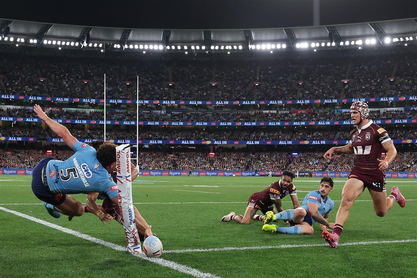 Action during Game 2 of the 2026 State of Origin series between New South Wales and Queensland. (Getty)