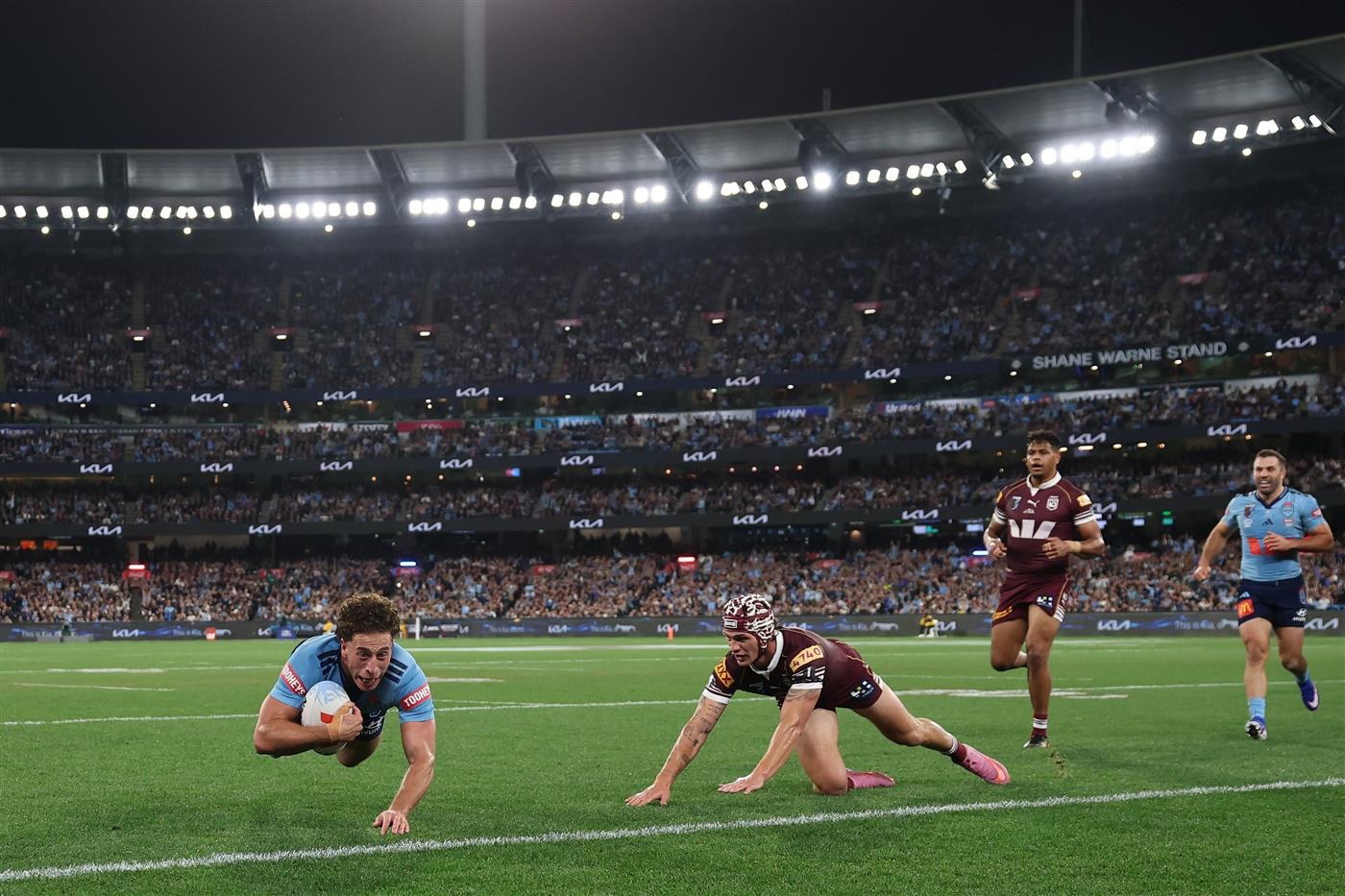 Action during Game 2 of the 2026 State of Origin series between New South Wales and Queensland. (Getty)