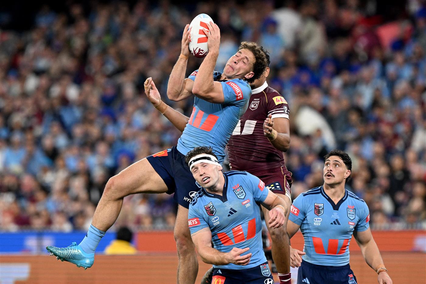Action during Game 2 of the 2026 State of Origin series between New South Wales and Queensland. (Getty)