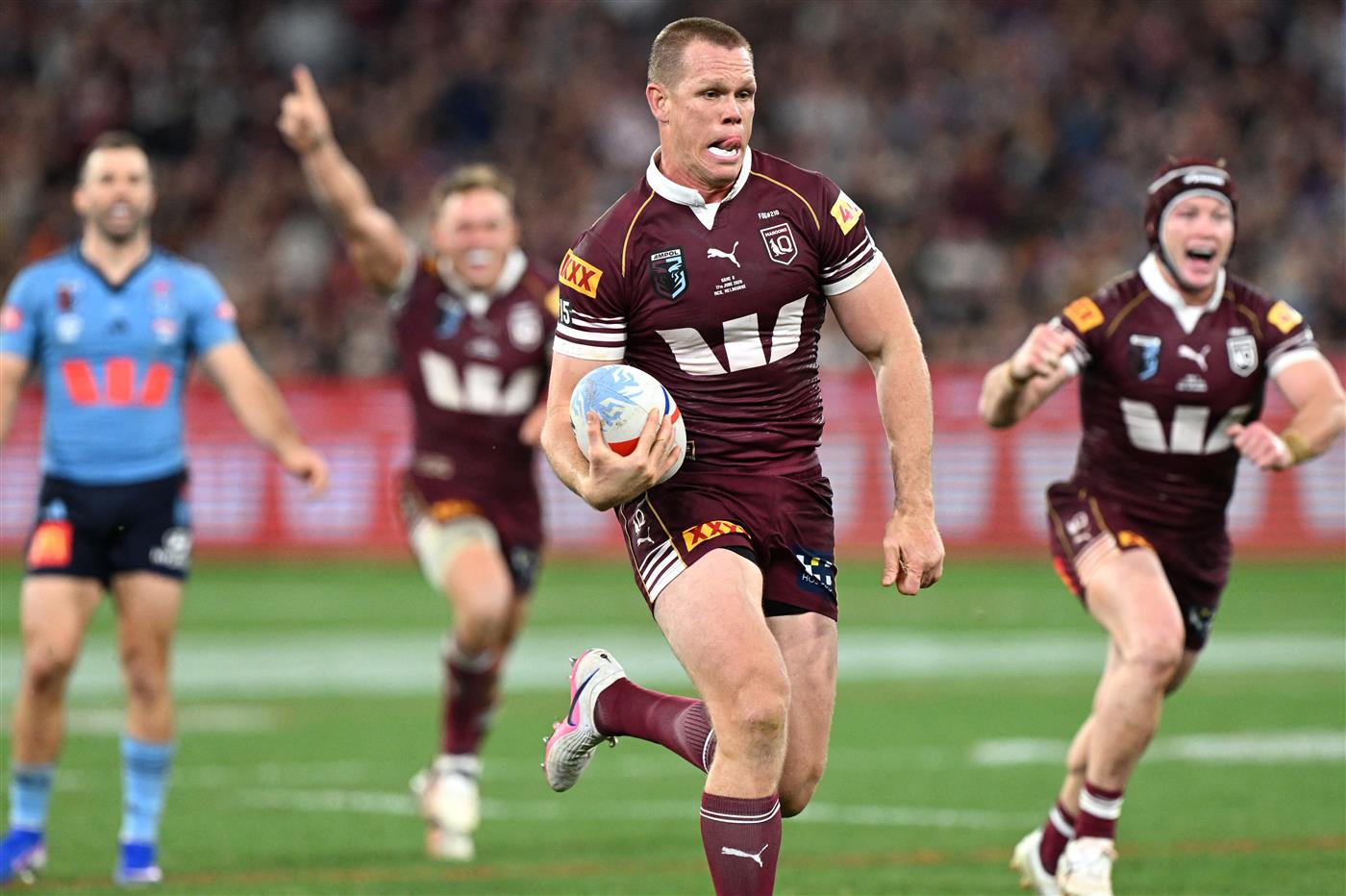 Action during Game 2 of the 2026 State of Origin series between New South Wales and Queensland. (Getty)