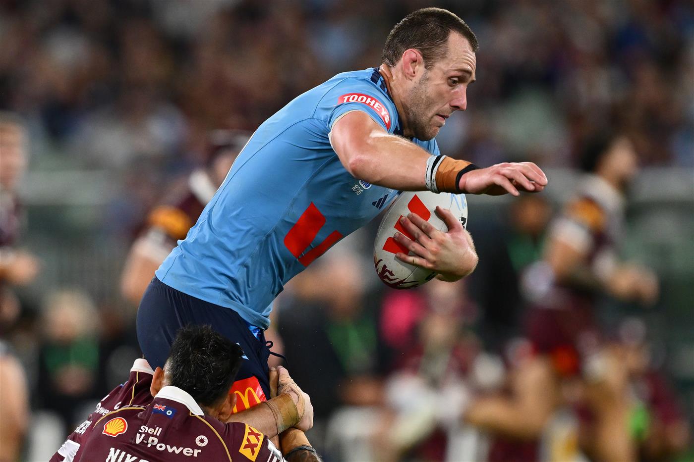 Isaah Yeo of the New South Wales Blues is tackled during Game 2 of the 2026 State of Origin series between the New South Wales Blues and Queensland Maroons at the Melbourne Cricket Ground on June 17, 2026 in Melbourne, Australia. (Getty)