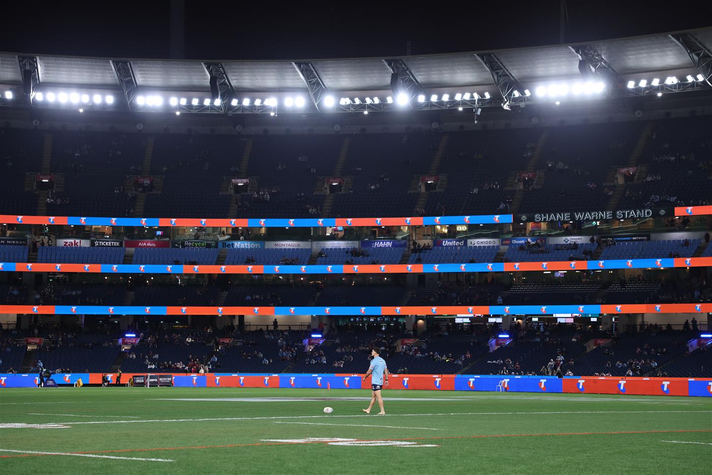 Nathan Cleary of the New South Wales Blues inspects the field ahead of Game 2 of the 2026 State of Origin series between the New South Wales Blues and Queensland Maroons at the Melbourne Cricket Ground on June 17, 2026 in Melbourne, Australia. (Getty)