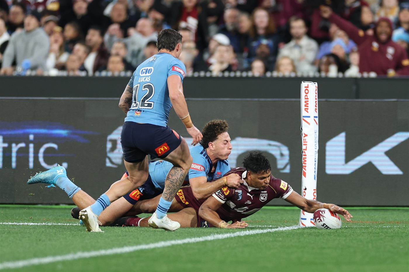 Action during Game 2 of the 2026 State of Origin series between New South Wales and Queensland. (Getty)