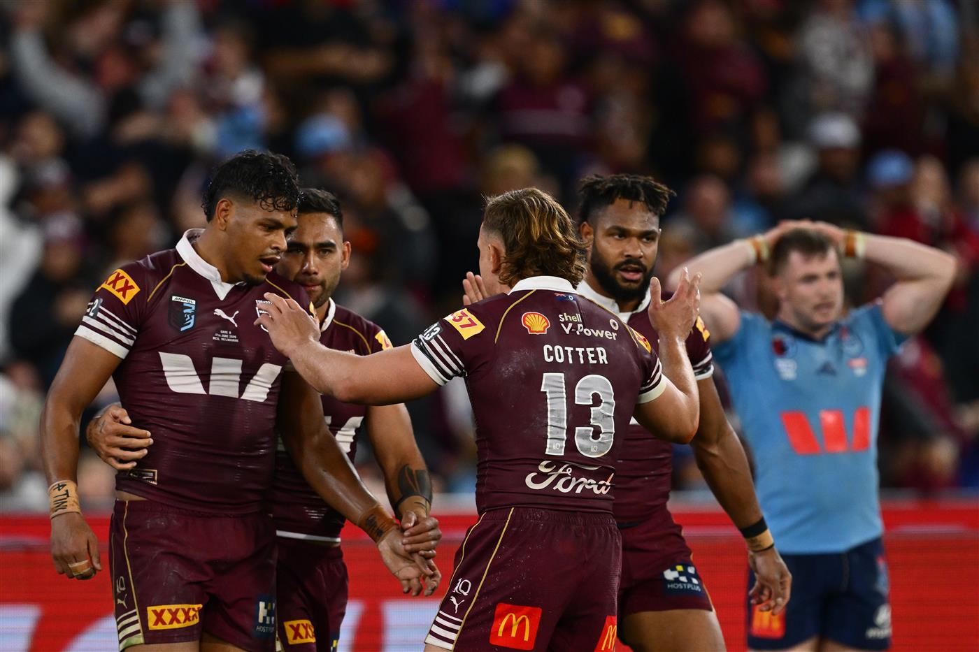 Selwyn Cobbo of the Queensland Maroons celebrates a try during Game 2 of the 2026 State of Origin series between the New South Wales Blues and Queensland Maroons at the Melbourne Cricket Ground on June 17, 2026 in Melbourne, Australia. (Getty)