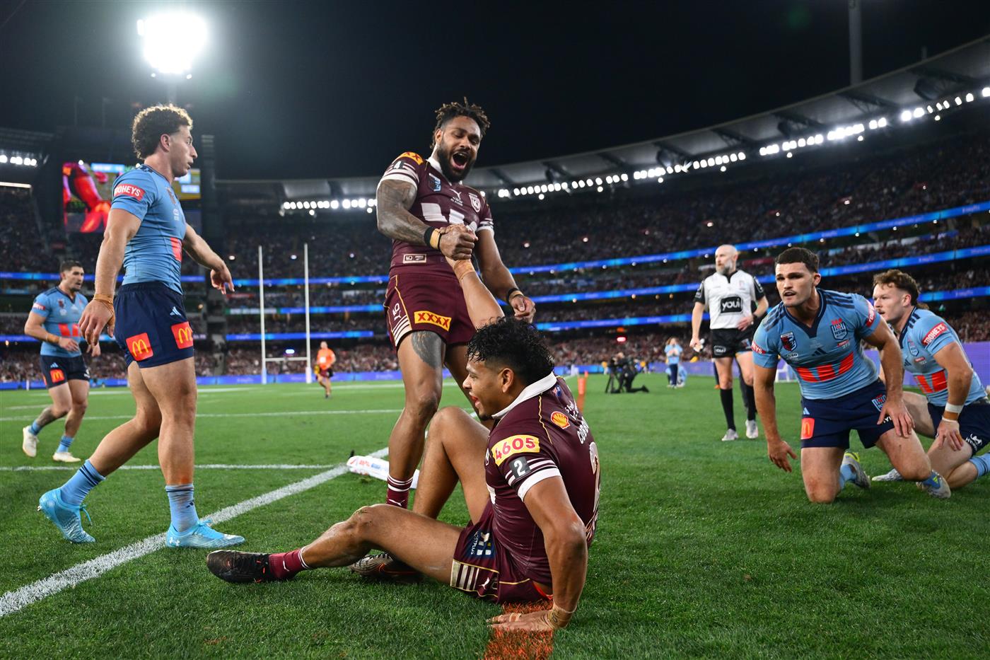 Action during Game 2 of the 2026 State of Origin series between New South Wales and Queensland. (Getty)