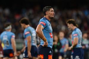 Dylan Lucas of the New South Wales Blues looks on after Game 2 of the 2026 State of Origin series between the New South Wales Blues and Queensland Maroons at the Melbourne Cricket Ground on June 17, 2026 in Melbourne, Australia. (Getty)
