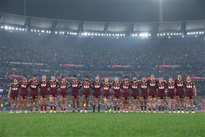 The Queensland Maroons line up for the national anthem ahead of Game 2 of the 2026 State of Origin series between the New South Wales Blues and Queensland Maroons at the Melbourne Cricket Ground on June 17, 2026 in Melbourne, Australia. (Getty)