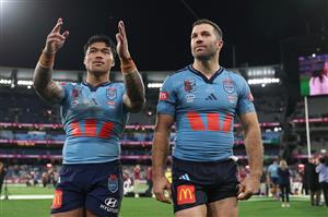 Brian To'o and James Tedesco of the New South Wales Blues after Game 2 of the 2026 State of Origin series at the Melbourne Cricket Ground on June 17, 2026 in Melbourne, Australia. (Getty)