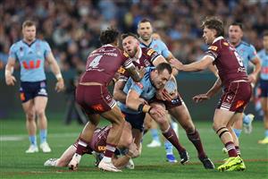 Action during Game 2 of the 2026 State of Origin series between New South Wales and Queensland. (Getty)