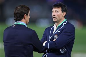 Laurie Daley, head coach of the New South Wales Blues, speaks with Andrew Johns ahead of Game 2 of the 2026 State of Origin series between the New South Wales Blues and Queensland Maroons at the Melbourne Cricket Ground on June 17, 2026 in Melbourne, Australia. (Getty)