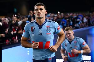 Nathan Cleary of the New South Wales Blues leads his team onto the field during Game 2 of the 2026 State of Origin series between the New South Wales Blues and Queensland Maroons at the Melbourne Cricket Ground on June 17, 2026 in Melbourne, Australia. (Getty)