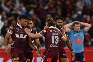 Selwyn Cobbo of the Queensland Maroons celebrates a try during Game 2 of the 2026 State of Origin series between the New South Wales Blues and Queensland Maroons at the Melbourne Cricket Ground on June 17, 2026 in Melbourne, Australia. (Getty)