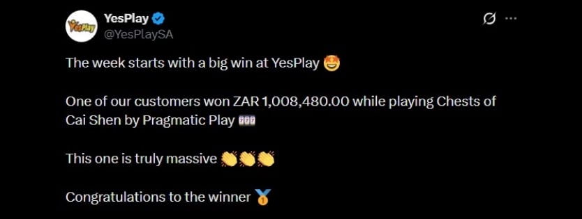 Twitter 1M YesPlay Slot Win