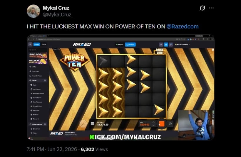 Twitter Mykal Cruz Razed Max Win