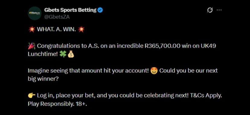 Twitter R365K GBets Lottery Win