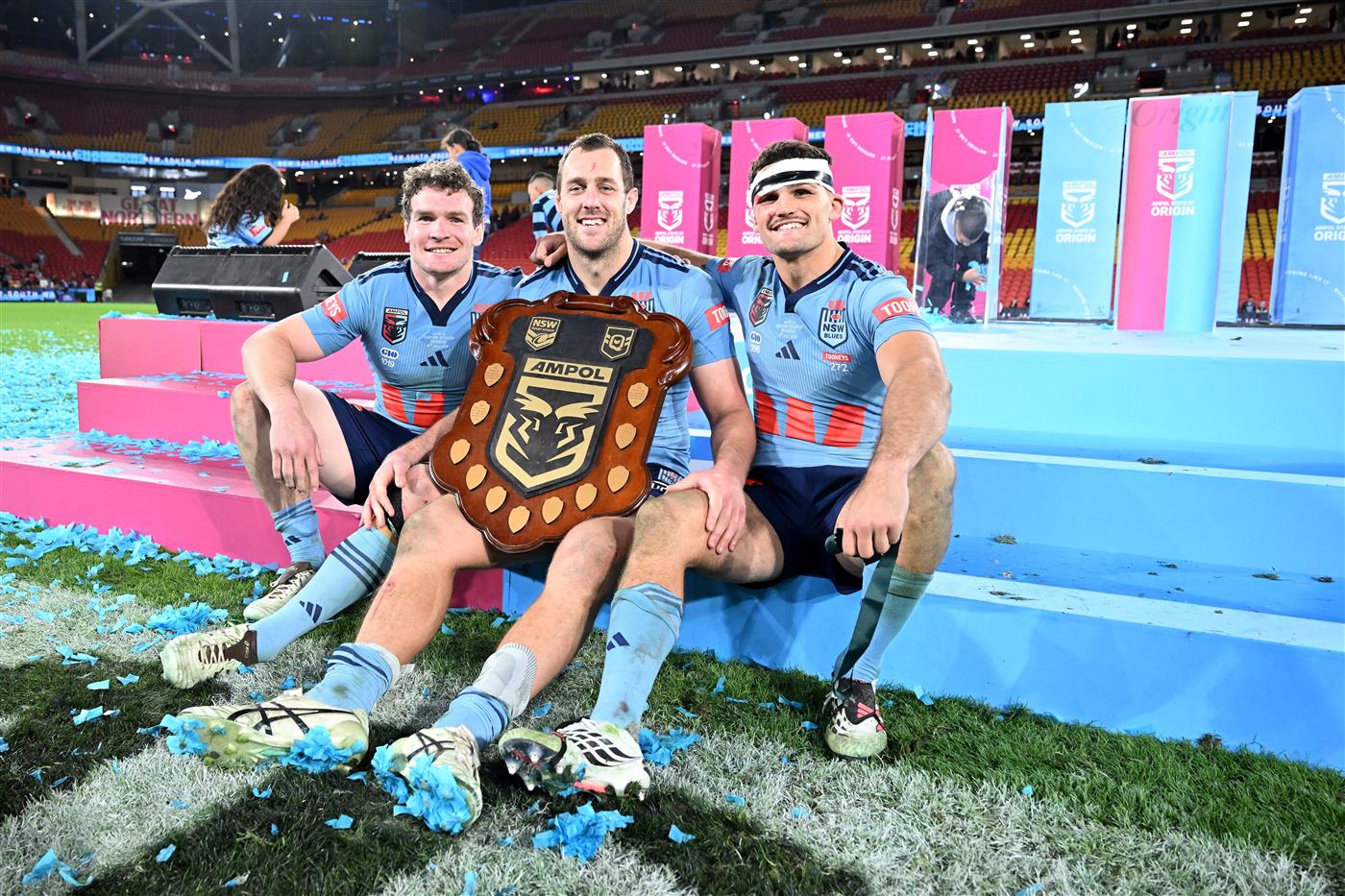 Martin, Yeo and Cleary pose with the Origin shield (Getty)